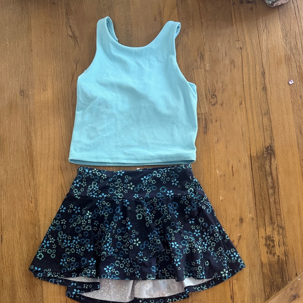 Kids Blue Floral Skirt with Light Blue Tank Top - Set
